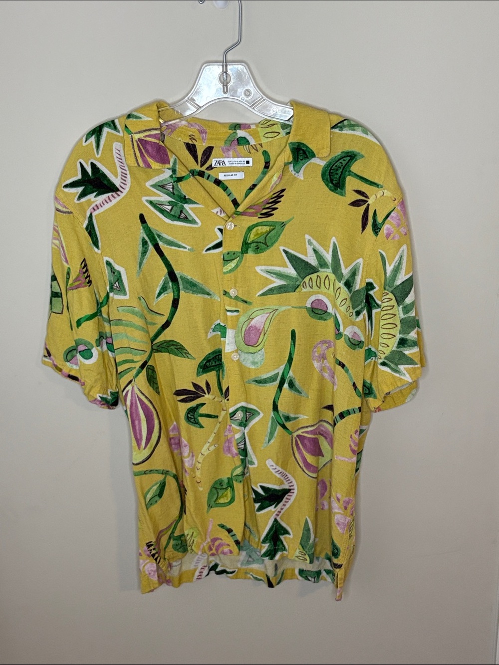 Zara Yellow Short-Sleeve Button-Down with Green & Purple Botanical Print